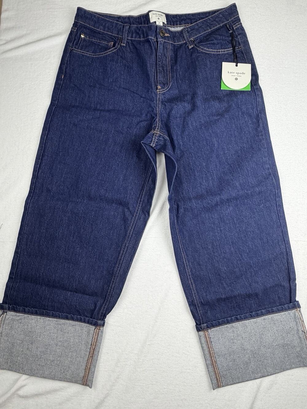 NWT Kate Spade Jeans Women's 14 Dark Wash Blue Wide Leg Cuffed Denim Pants - Picture 1 of 11